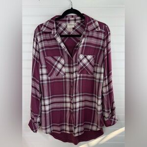 Knox Rose women’s plaid maroon & white plaid waffle weave back top. Size XS.